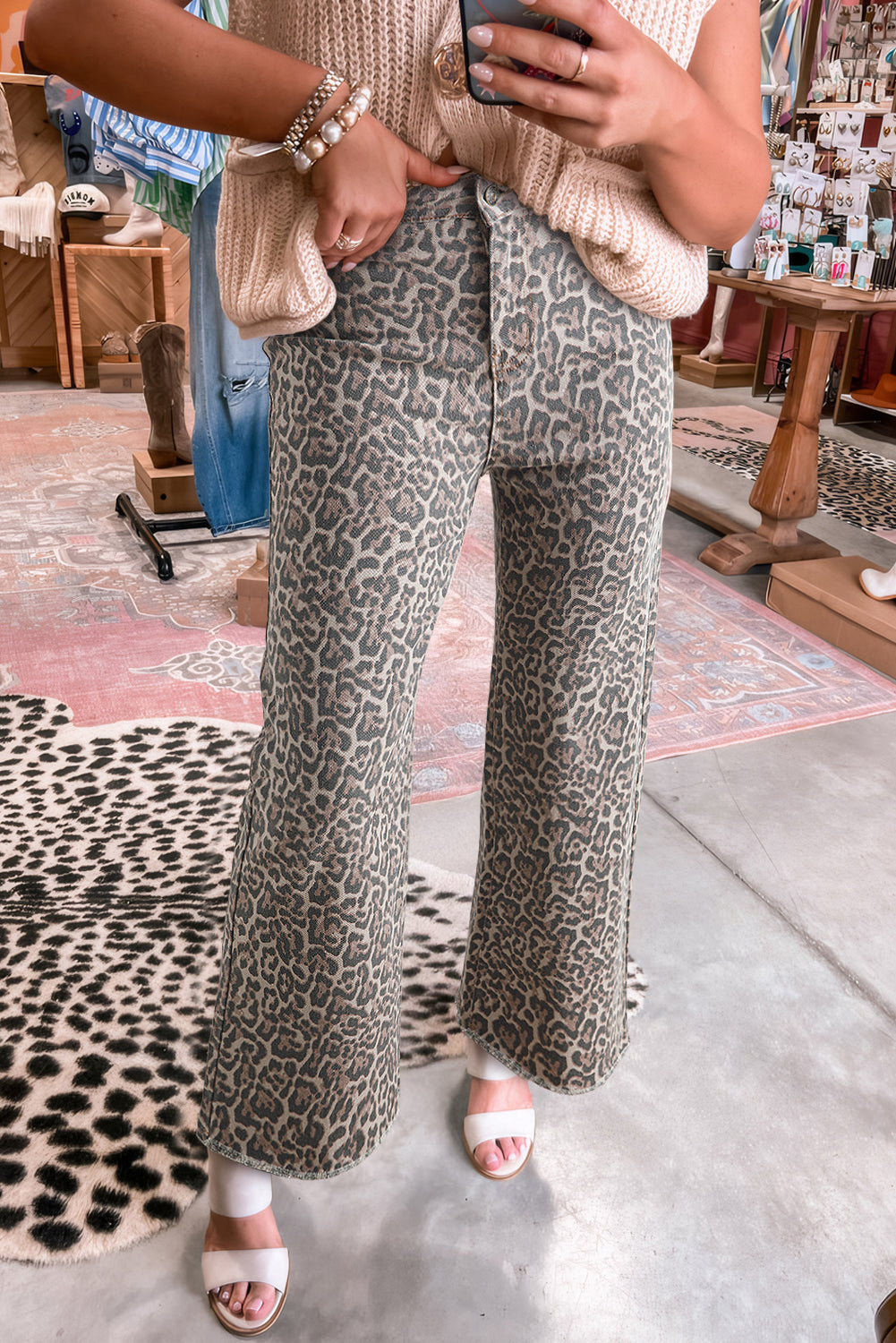 Leopard Frayed Wide Leg High Waist Jeans
