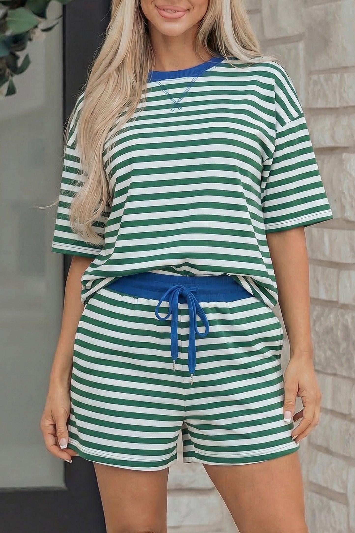 Green Stripe Drop Shoulder Short Set