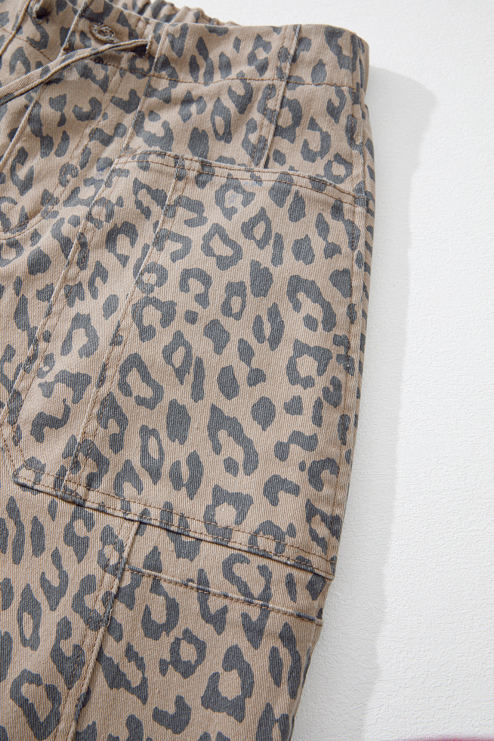 Leopard Printed Drawstring Elastic Waistband Wide Leg Jeans