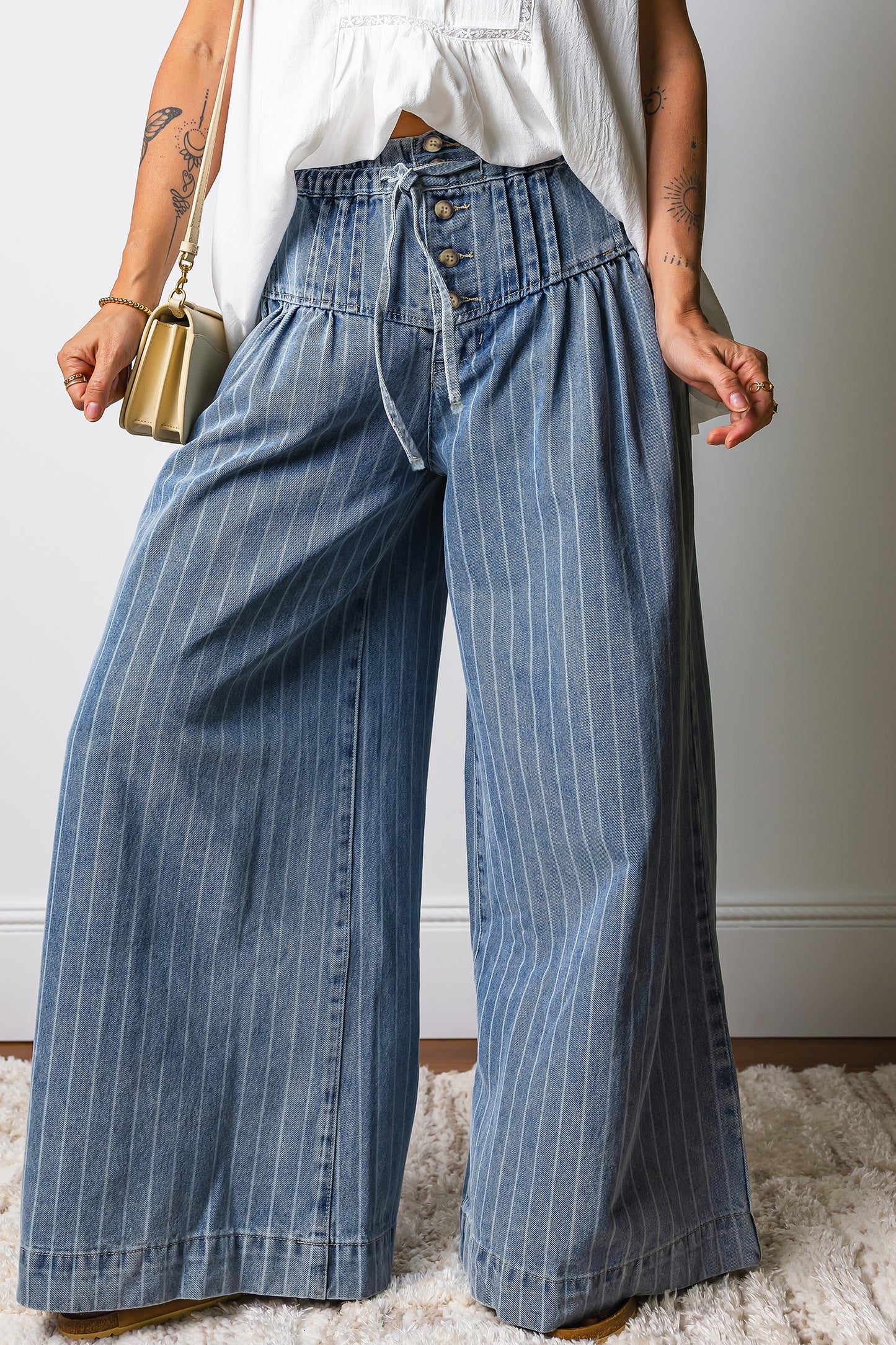 Denim Stripe Button Pleated Drawstring Wide Leg Jeans