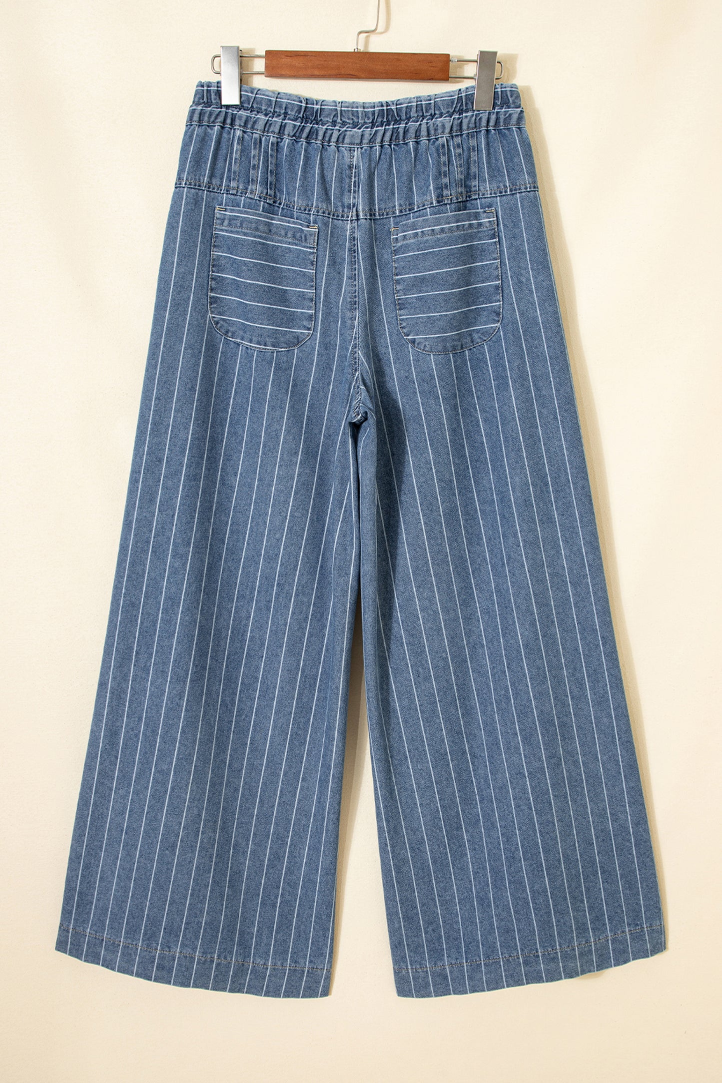 Denim Stripe Button Pleated Drawstring Wide Leg Jeans