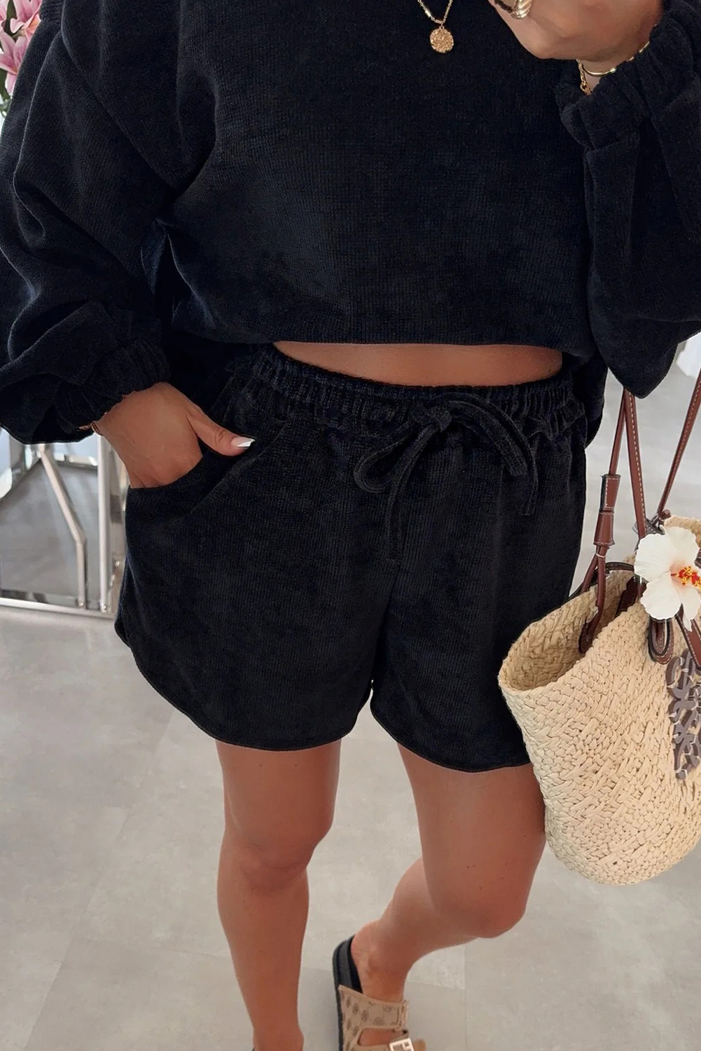 Black Textured Knit Drop Shoulder Shorts Set