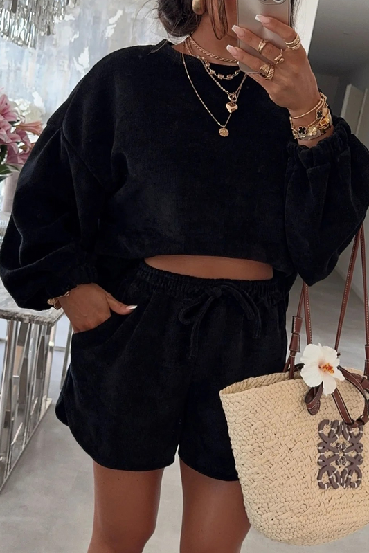 Black Textured Knit Drop Shoulder Shorts Set