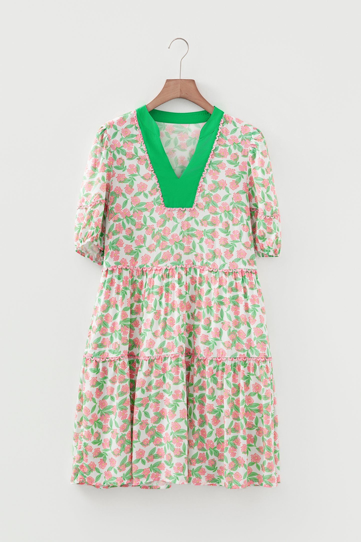 Green Floral Short Puff Sleeve Dress