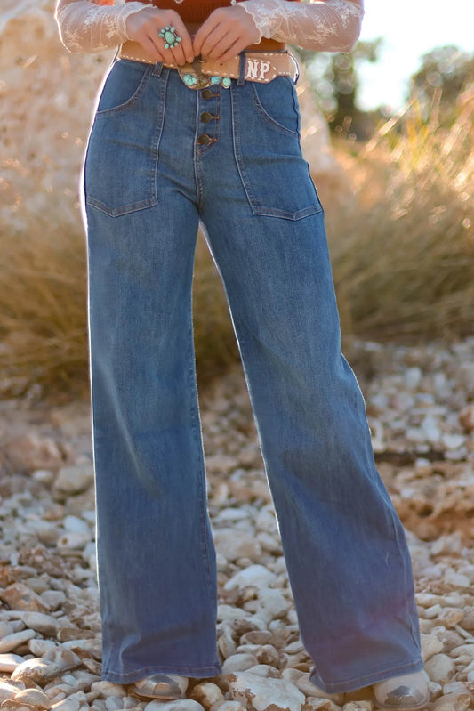 Buttons High Waist Wide Leg Jeans With Pockets