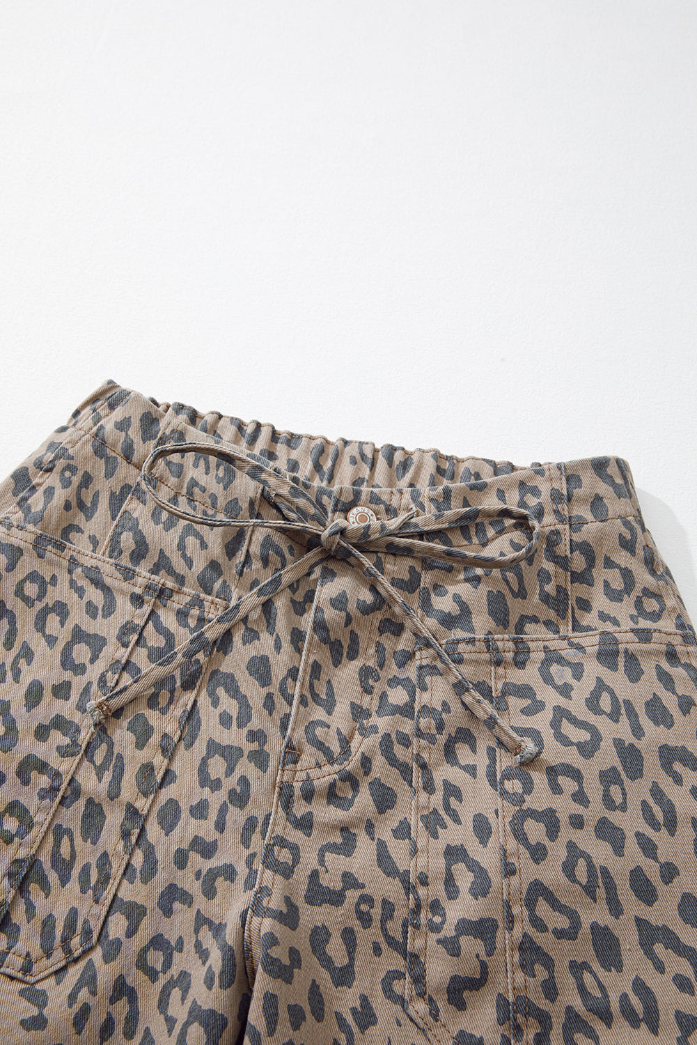 Leopard Printed Drawstring Elastic Waistband Wide Leg Jeans