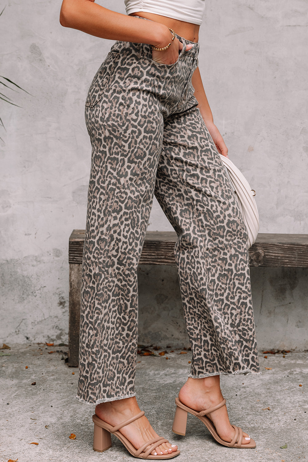 Leopard Frayed Wide Leg High Waist Jeans