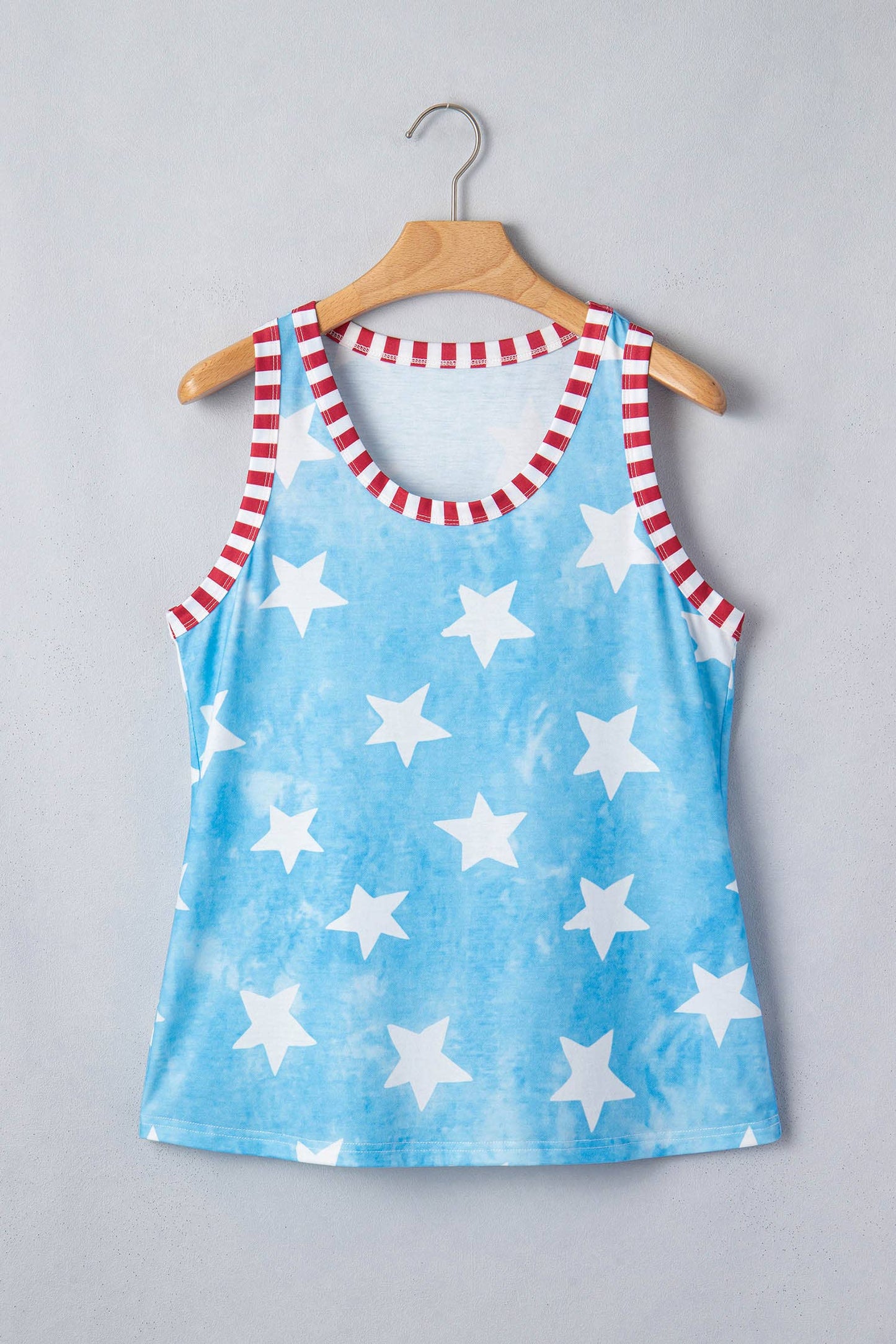 Tie Dye Star Print Striped Trim Round Neck Tank Top (S-XL)