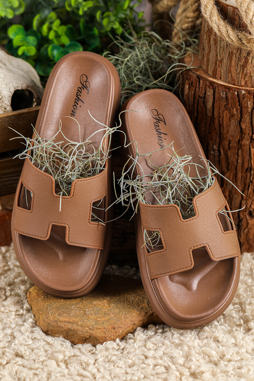 Chestnut Open Toe Platform Slippers (Run Small, Size Up)