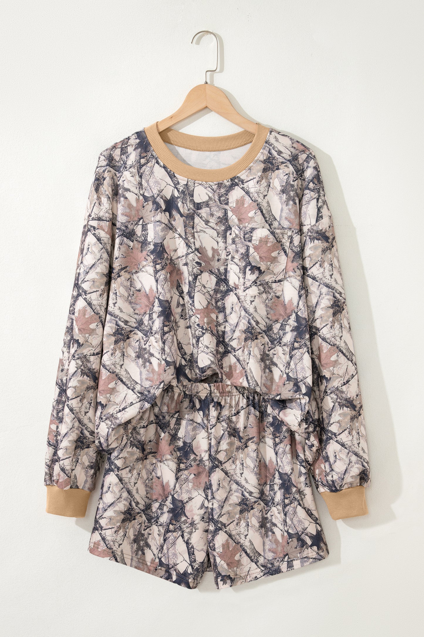 Khaki Camo Print Long Sleeve Short Set
