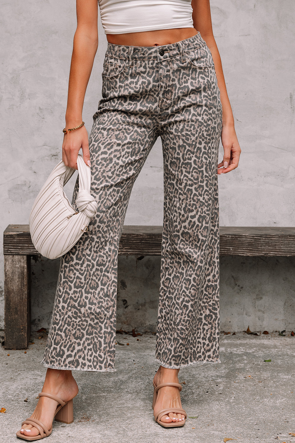 Leopard Frayed Wide Leg High Waist Jeans