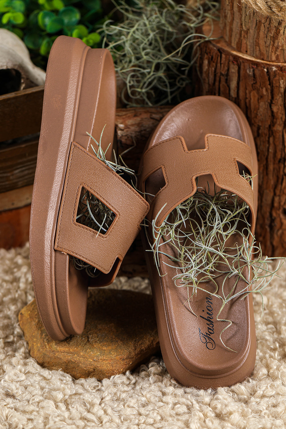 Chestnut Open Toe Platform Slippers (Run Small, Size Up)
