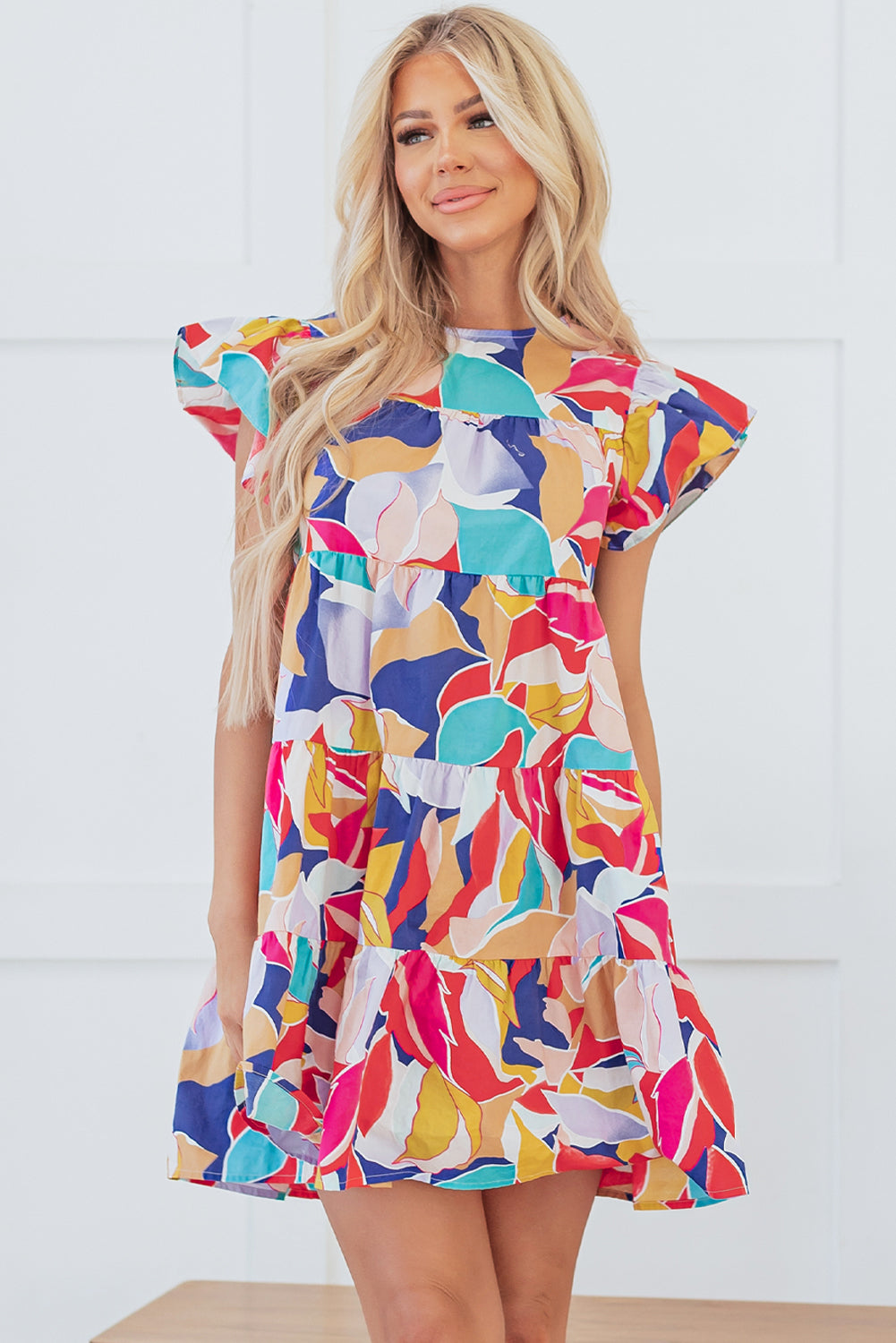 Pink Ruffled Flutter Sleeve Tiered Mini Dress