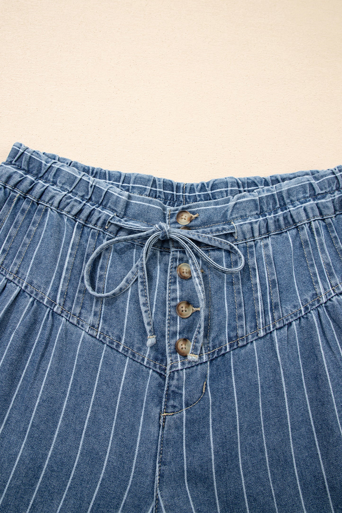 Denim Stripe Button Pleated Drawstring Wide Leg Jeans
