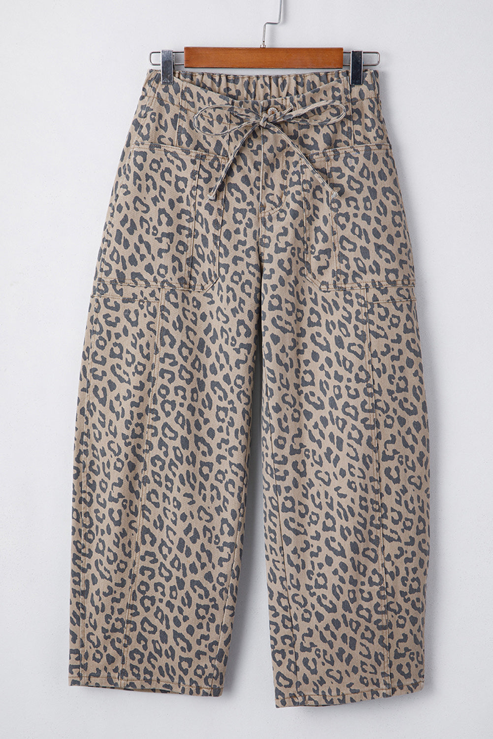 Leopard Printed Drawstring Elastic Waistband Wide Leg Jeans