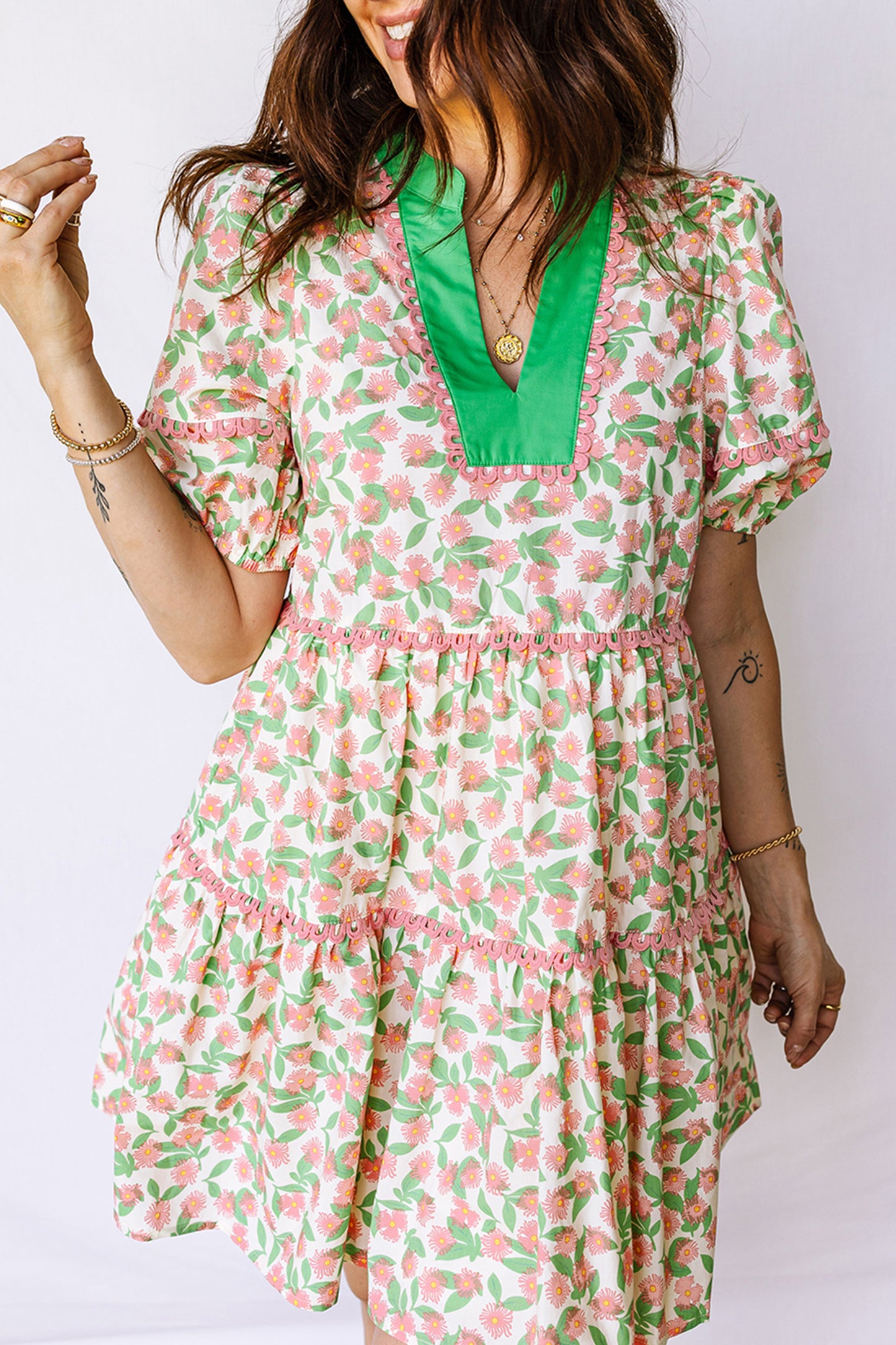 Green Floral Short Puff Sleeve Dress