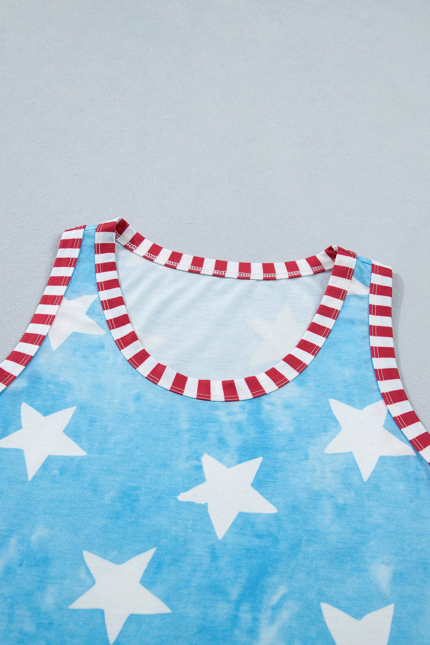 Tie Dye Star Print Striped Trim Round Neck Tank Top (S-XL)