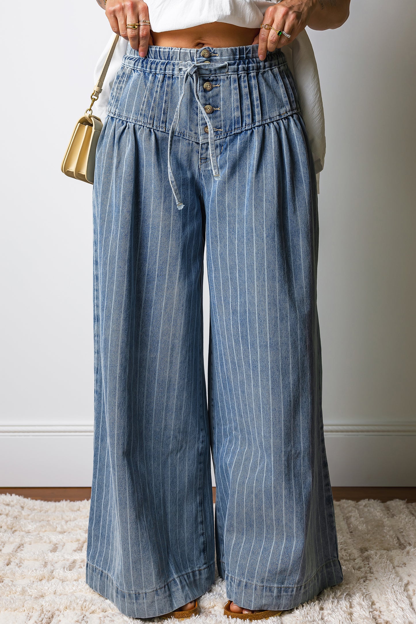Denim Stripe Button Pleated Drawstring Wide Leg Jeans