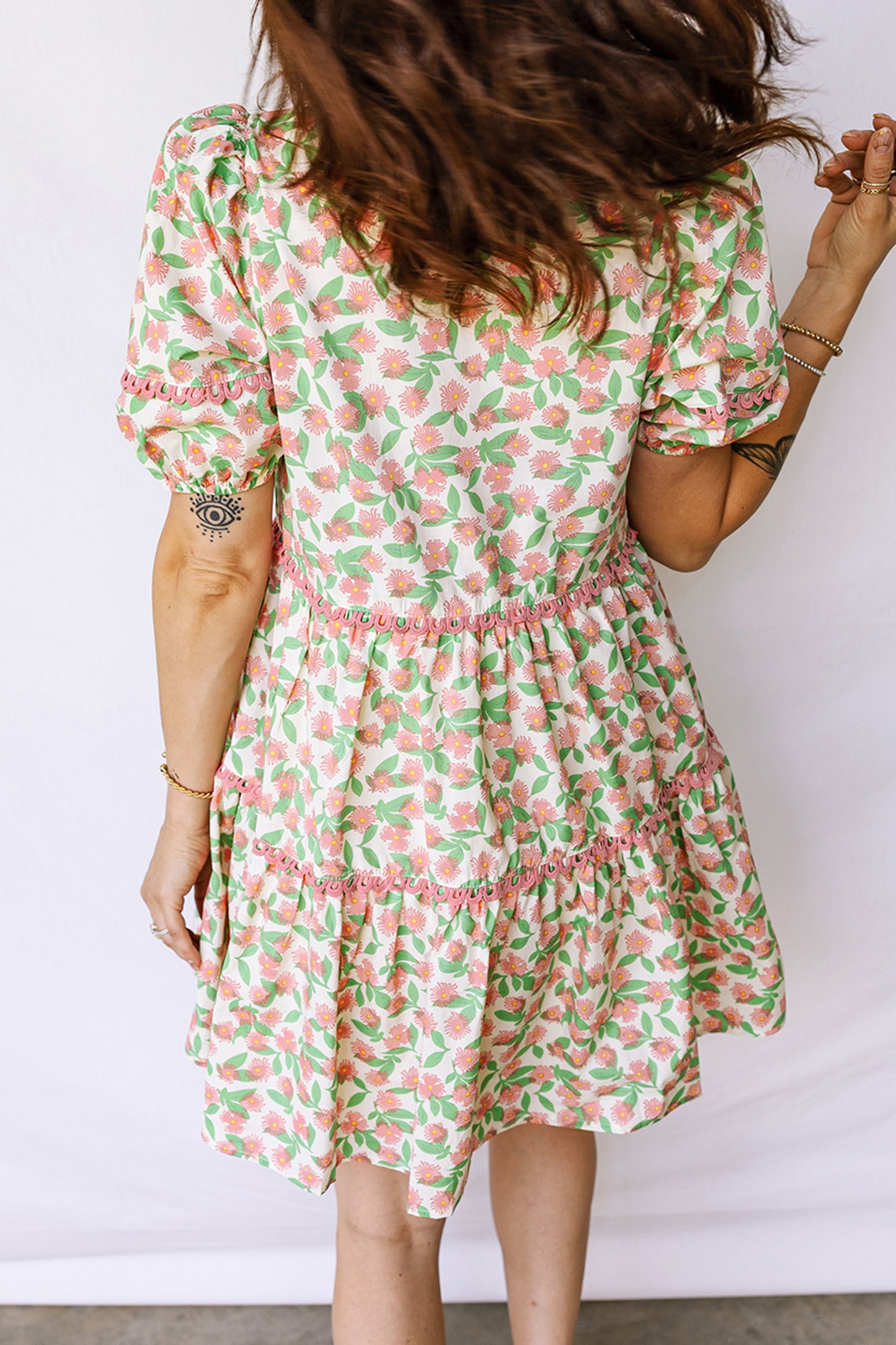 Green Floral Short Puff Sleeve Dress