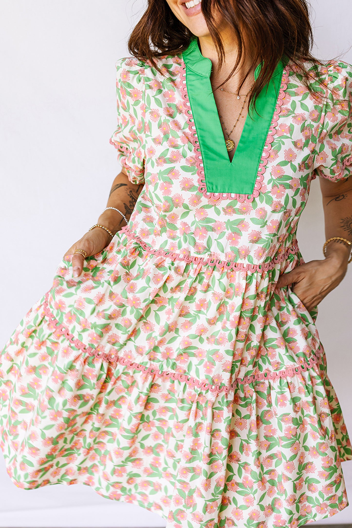 Green Floral Short Puff Sleeve Dress