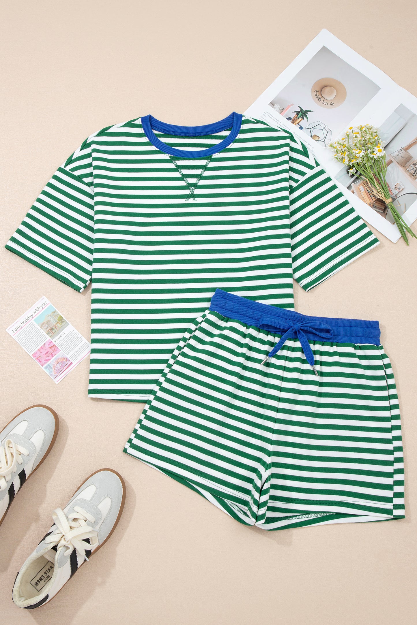 Green Stripe Drop Shoulder Short Set