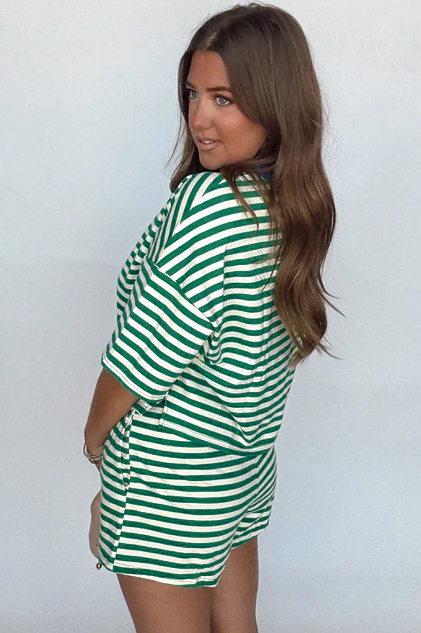 Green Stripe Drop Shoulder Short Set