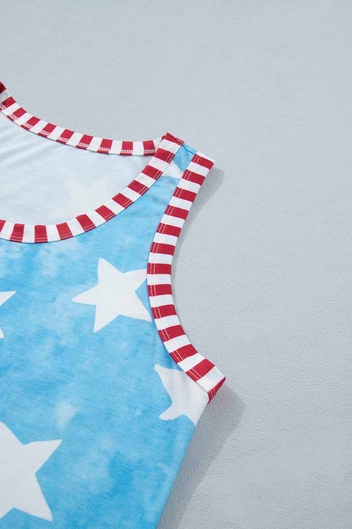 Tie Dye Star Print Striped Trim Round Neck Tank Top (S-XL)