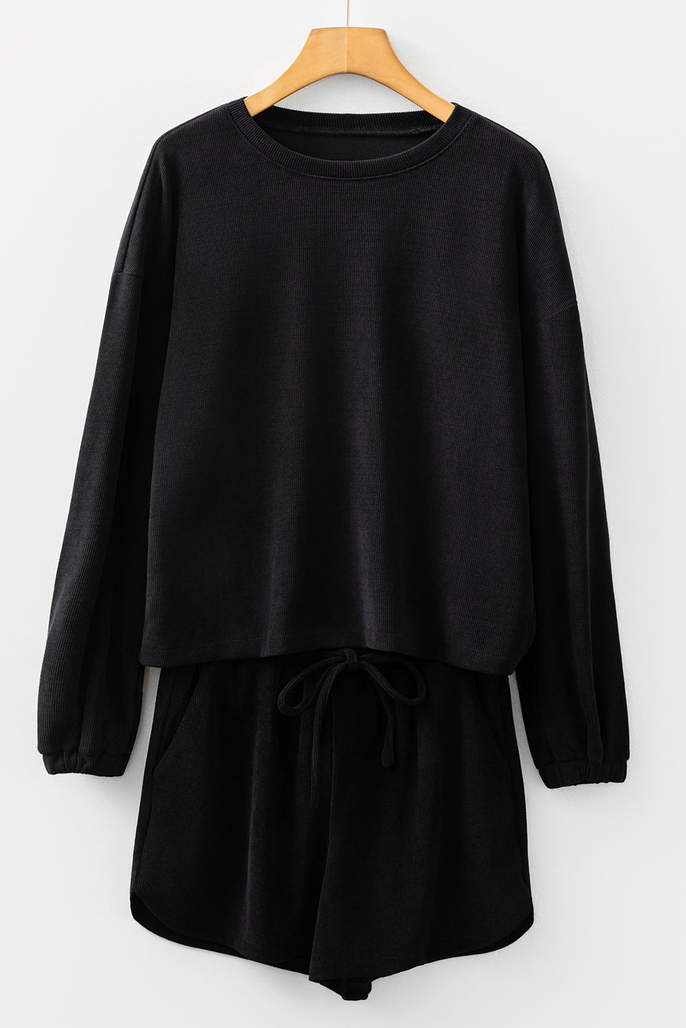 Black Textured Knit Drop Shoulder Shorts Set