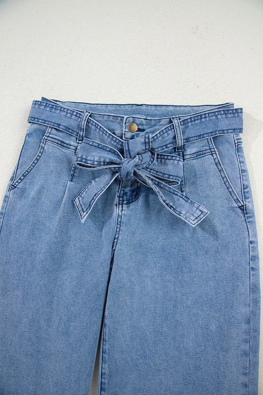 Blue Western Washed Bow Knot Sash Wide Leg Jeans