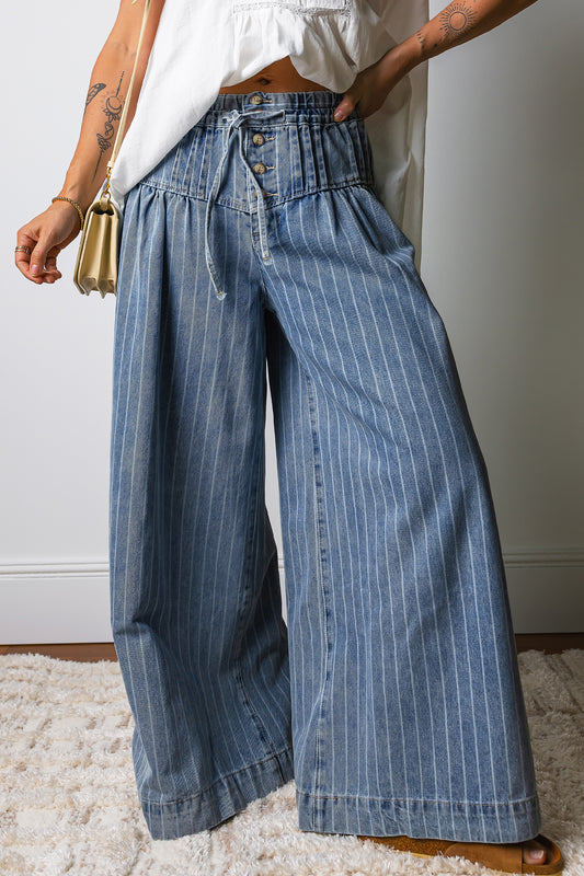 Denim Stripe Button Pleated Drawstring Wide Leg Jeans