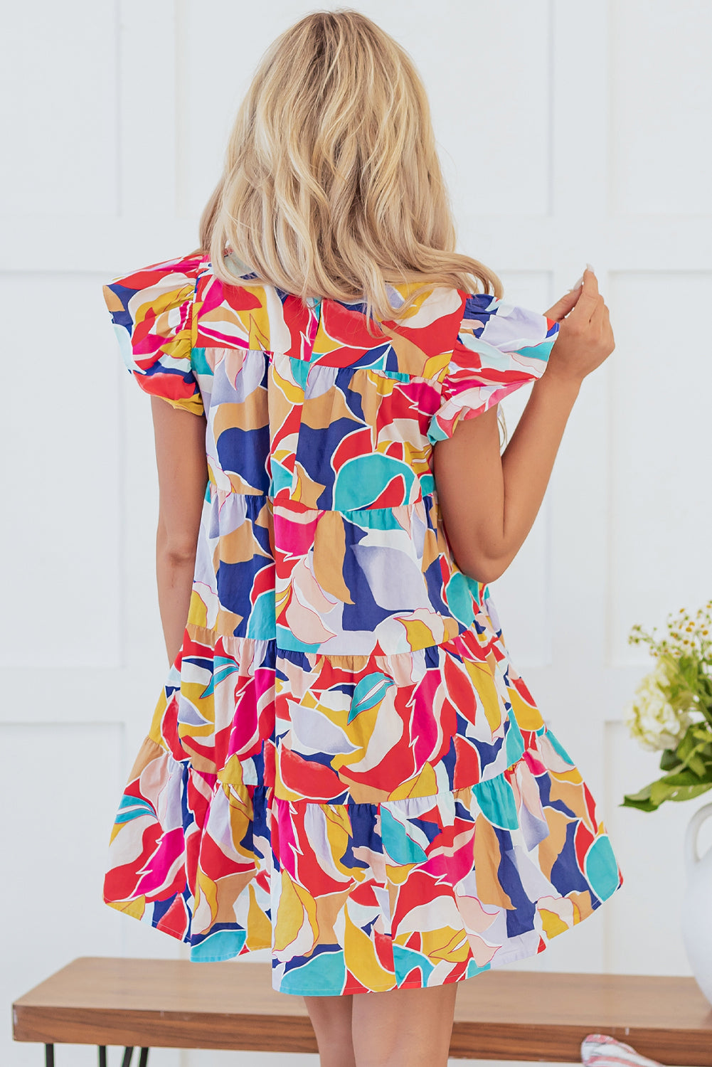 Pink Ruffled Flutter Sleeve Tiered Mini Dress