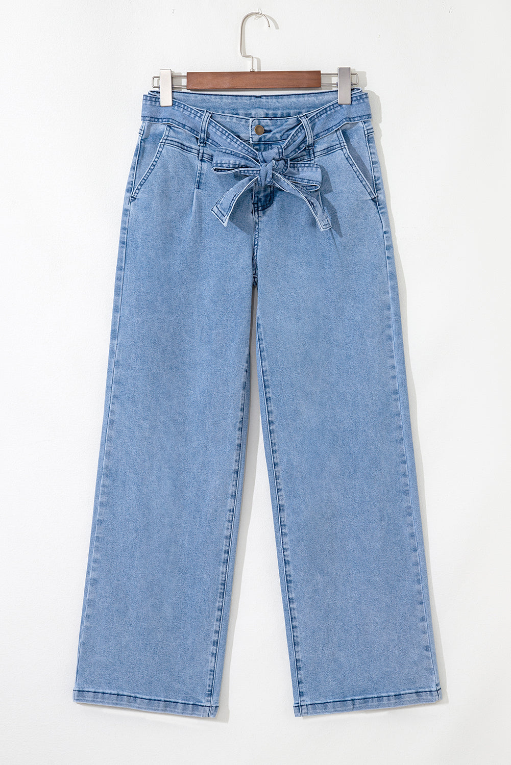 Blue Western Washed Bow Knot Sash Wide Leg Jeans