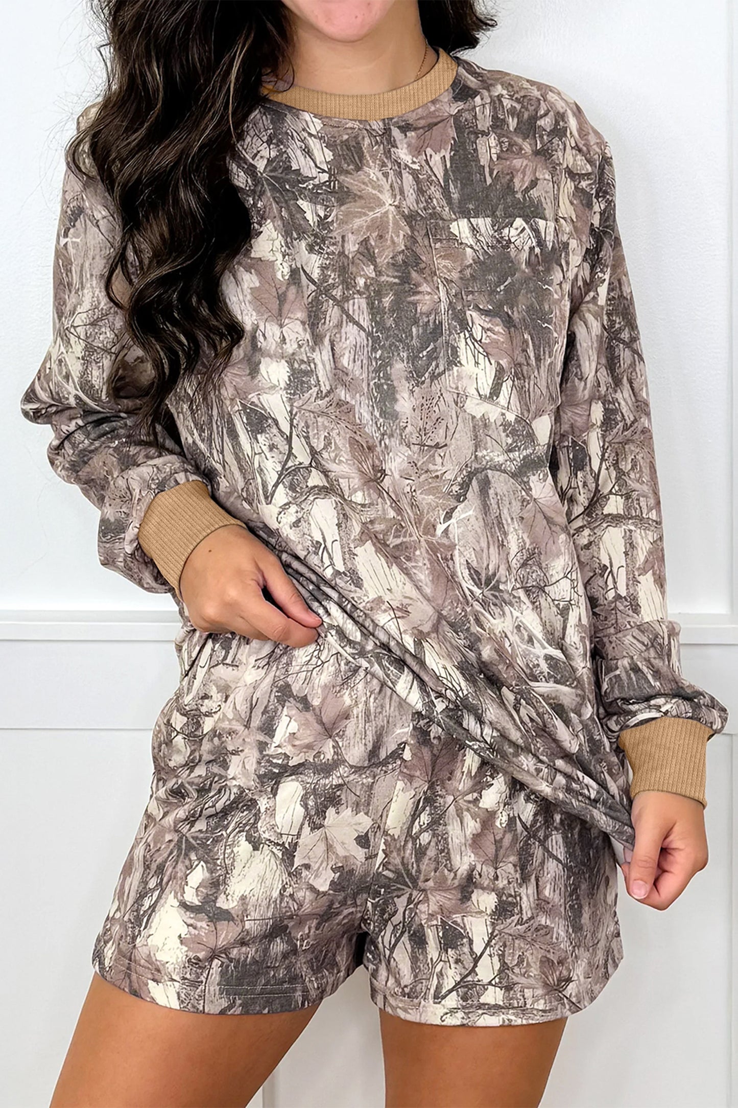 Khaki Camo Print Long Sleeve Short Set