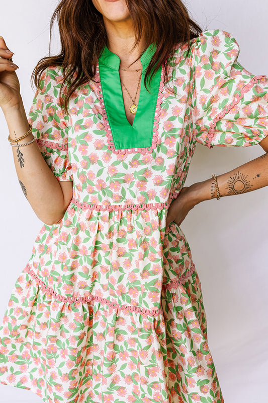 Green Floral Short Puff Sleeve Dress