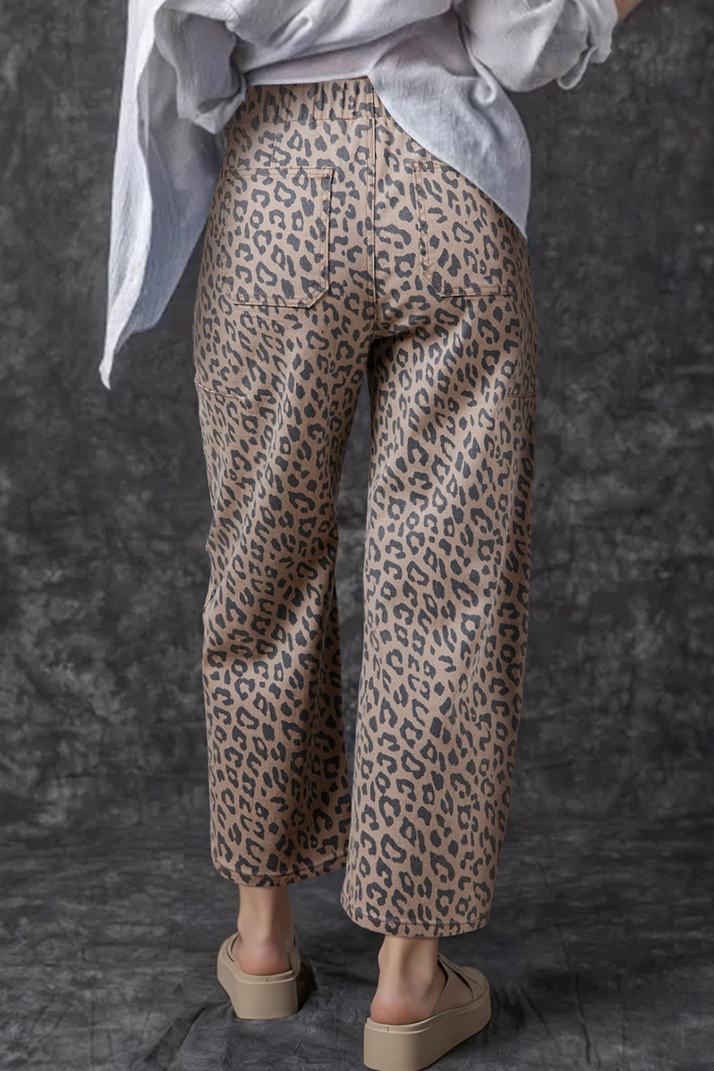 Leopard Printed Drawstring Elastic Waistband Wide Leg Jeans