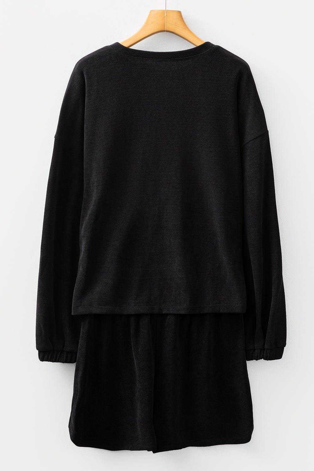 Black Textured Knit Drop Shoulder Shorts Set