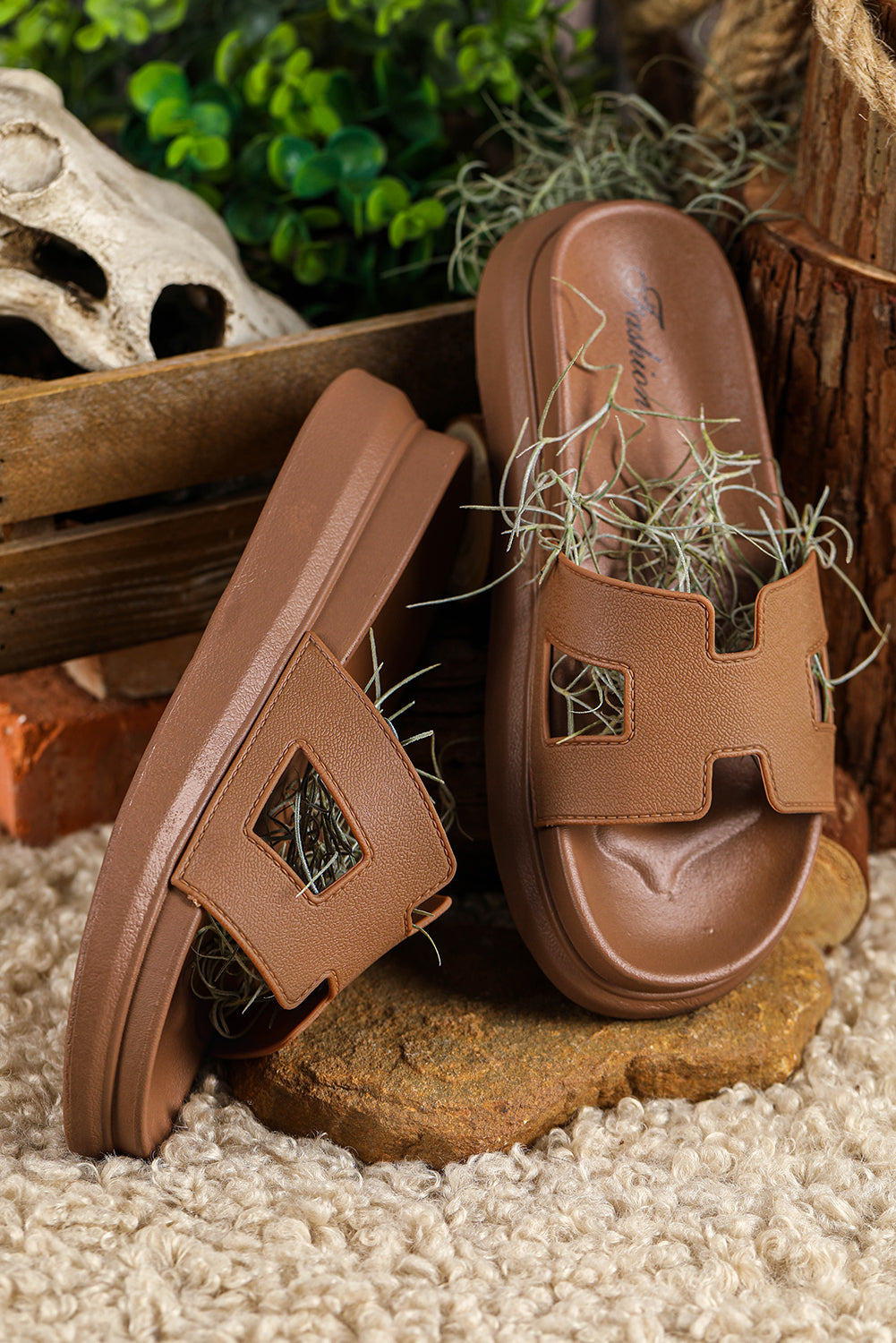 Chestnut Open Toe Platform Slippers (Run Small, Size Up)