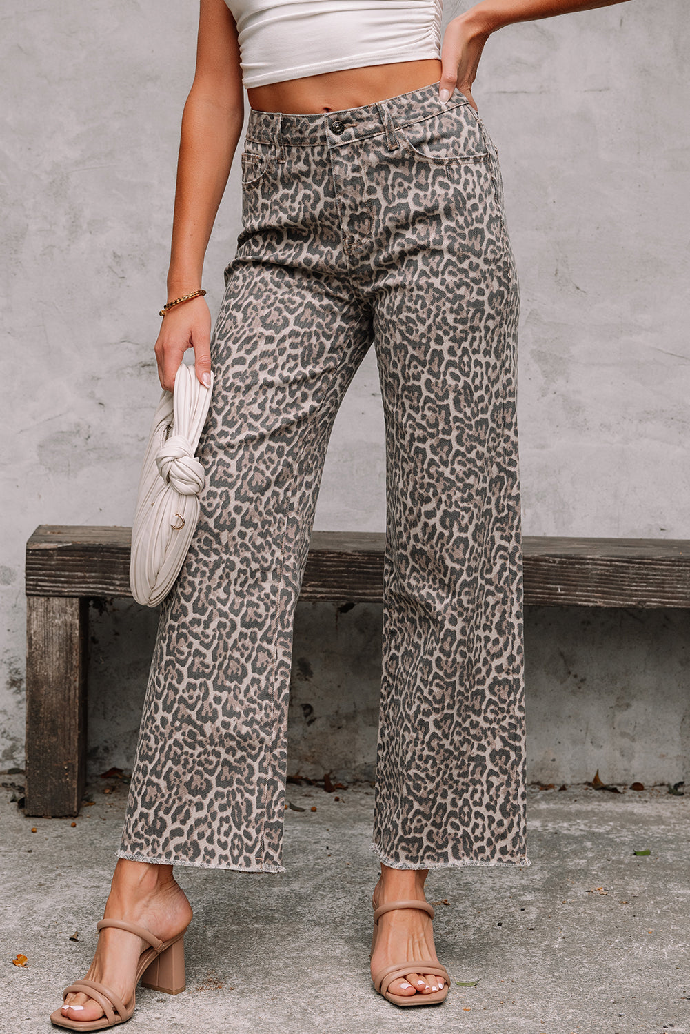 Leopard Frayed Wide Leg High Waist Jeans