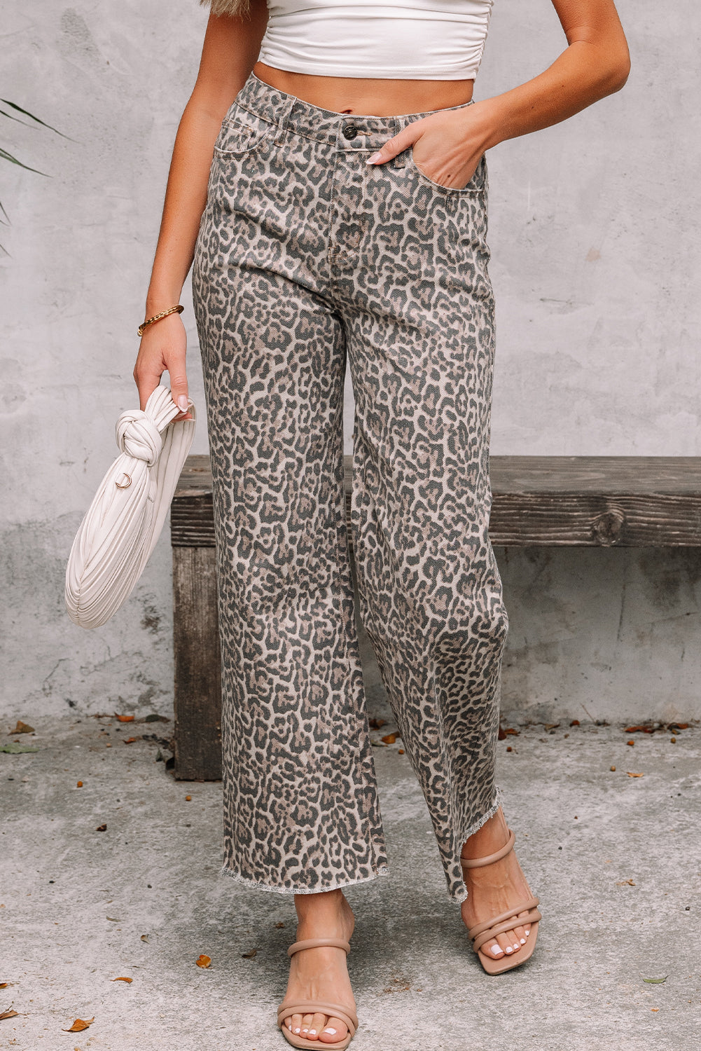 Leopard Frayed Wide Leg High Waist Jeans