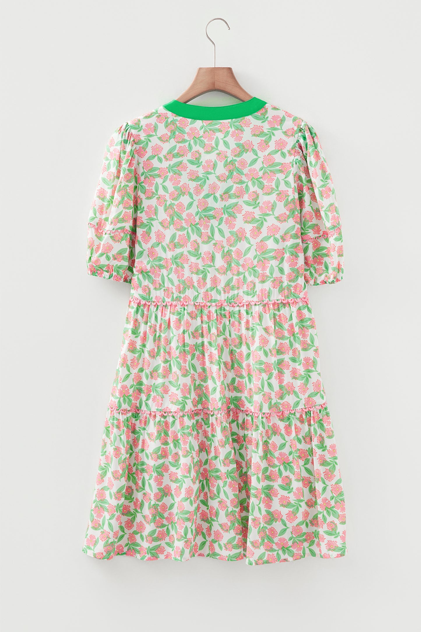 Green Floral Short Puff Sleeve Dress