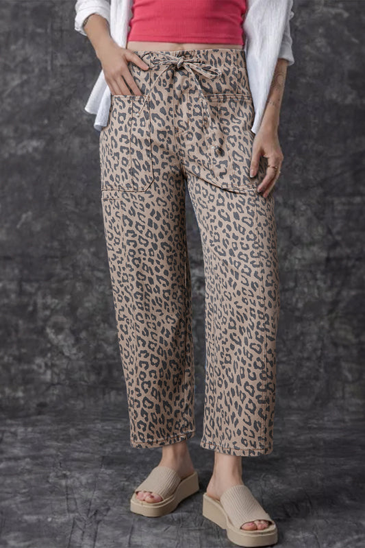 Leopard Printed Drawstring Elastic Waistband Wide Leg Jeans