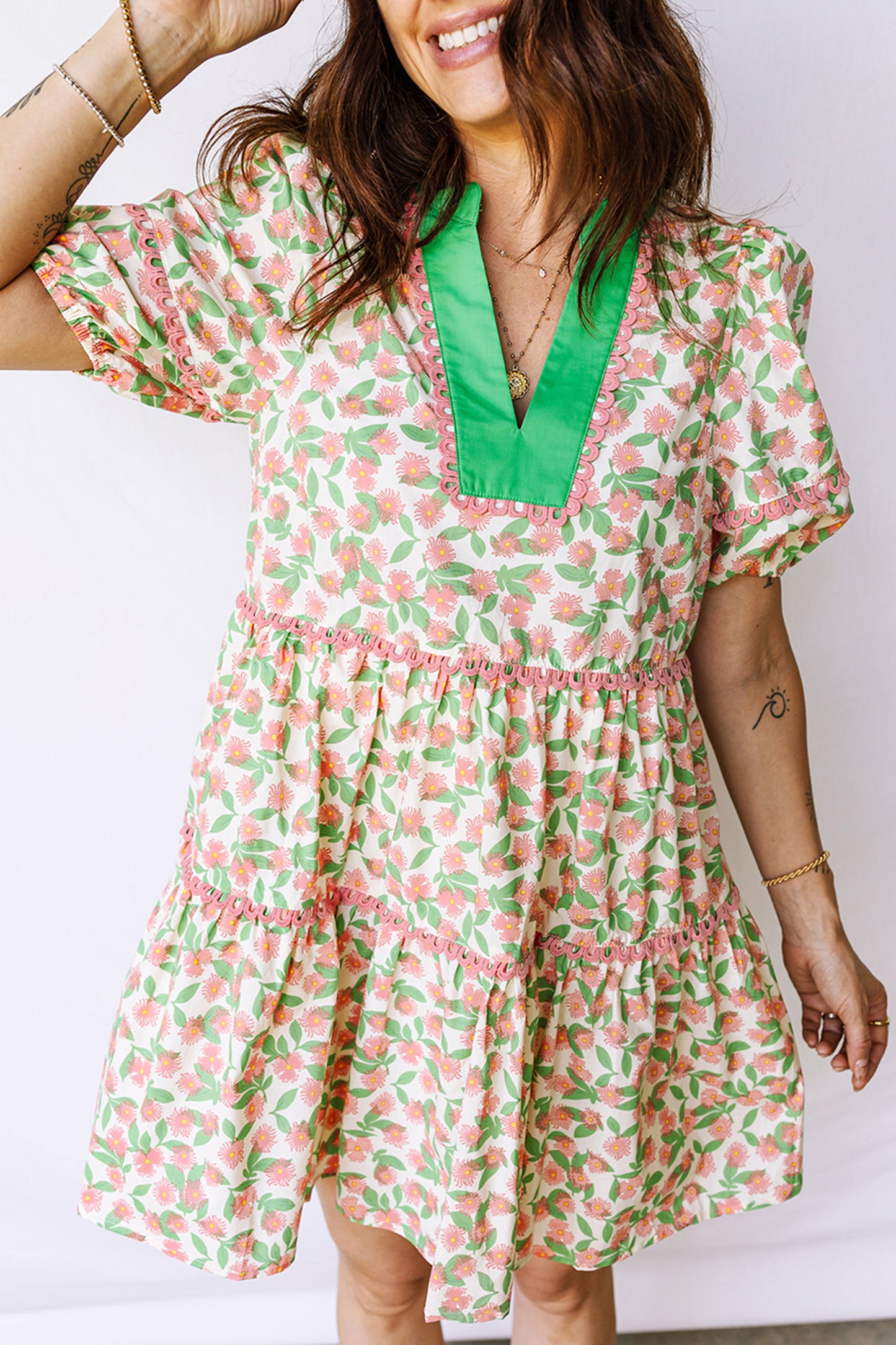 Green Floral Short Puff Sleeve Dress