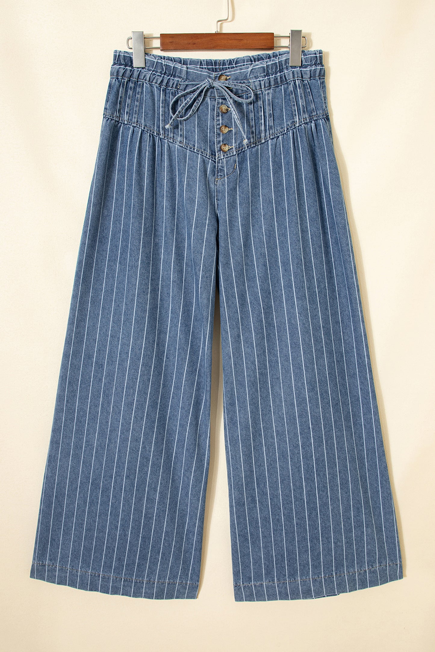 Denim Stripe Button Pleated Drawstring Wide Leg Jeans