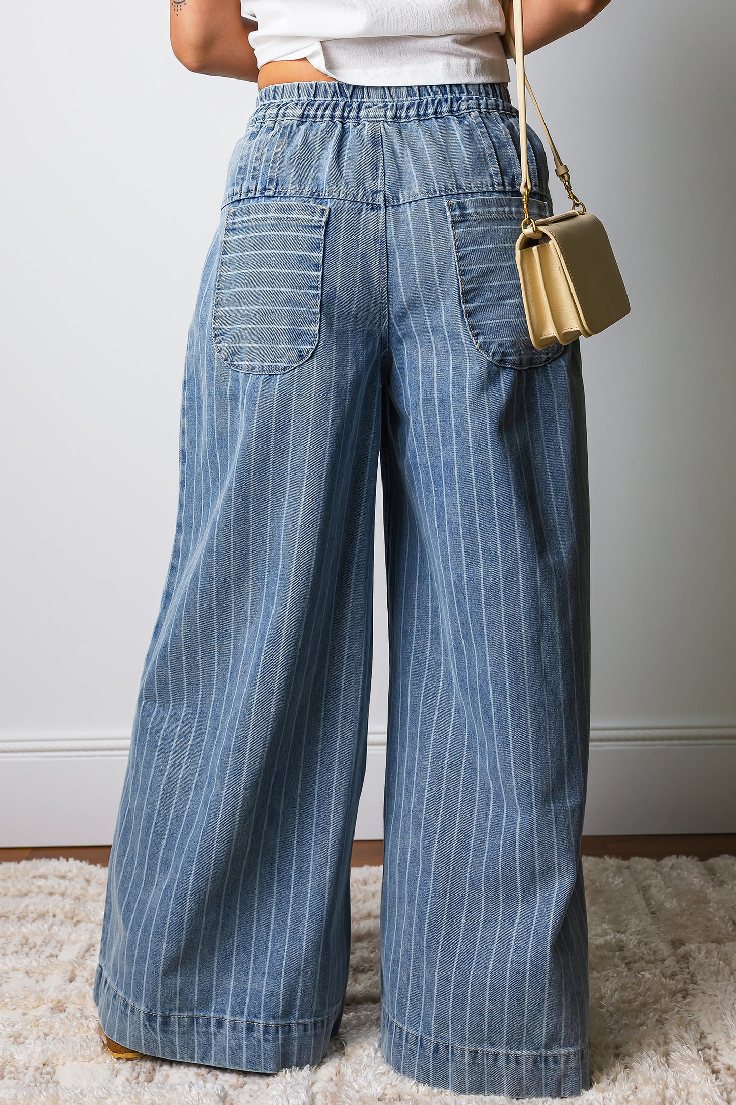 Denim Stripe Button Pleated Drawstring Wide Leg Jeans