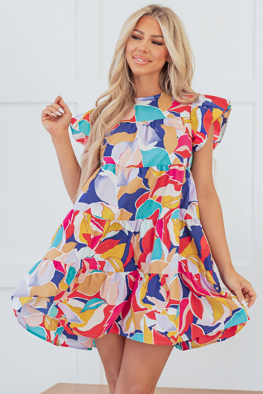 Pink Ruffled Flutter Sleeve Tiered Mini Dress