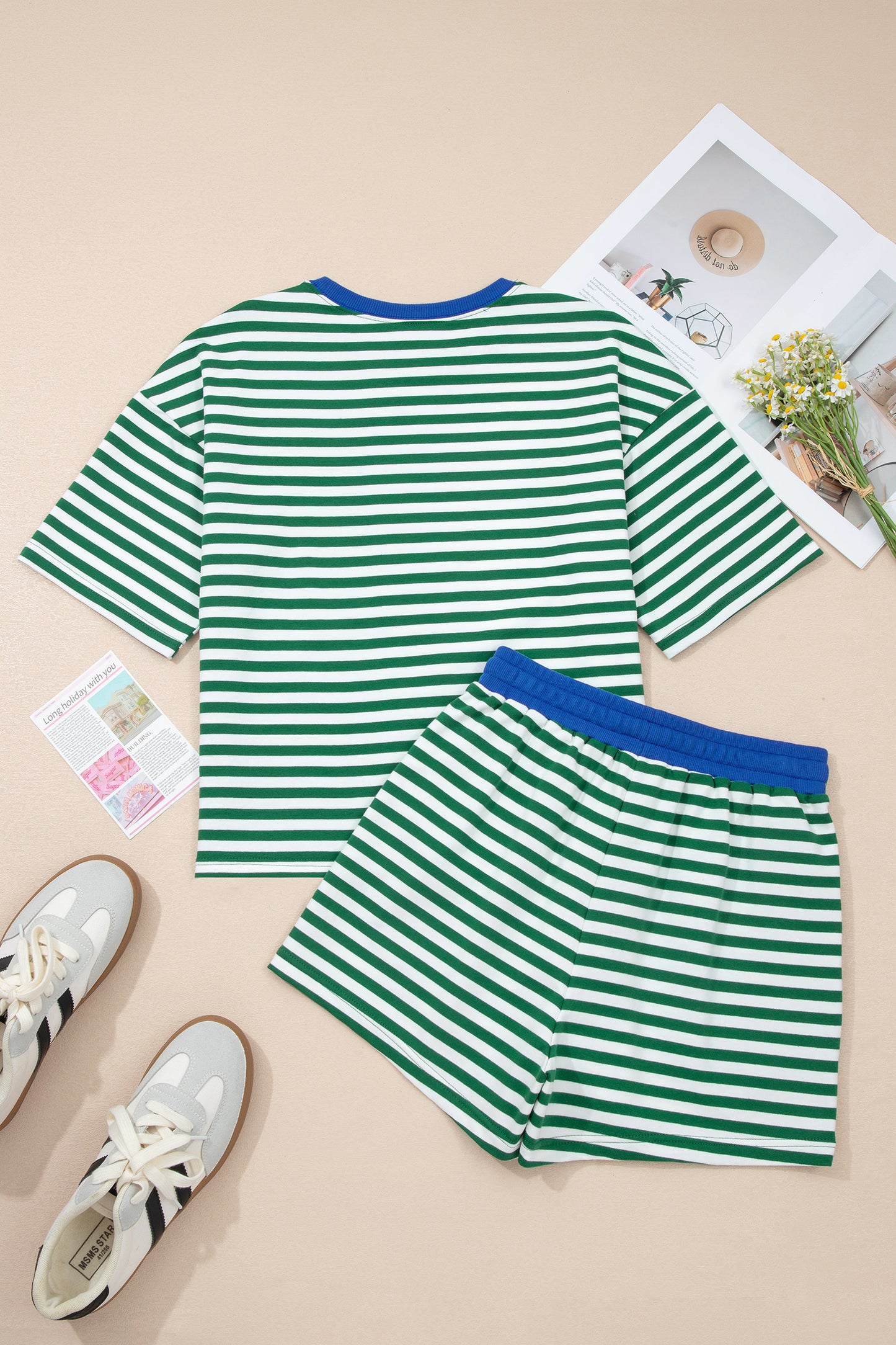 Green Stripe Drop Shoulder Short Set