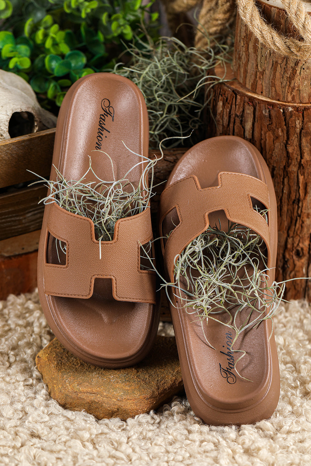 Chestnut Open Toe Platform Slippers (Run Small, Size Up)
